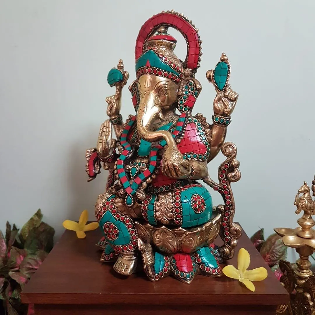 12 Inch Brass Ganesh Idol With Stonework For Home - Ganpati Pooja Statue