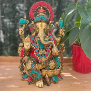 12 Inch Brass Ganesh Idol With Stonework For Home - Ganpati Pooja Statue