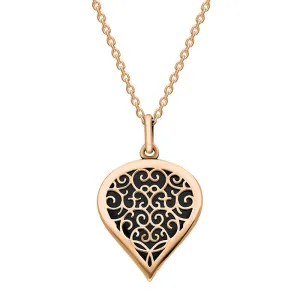 18ct Rose Gold Whitby Jet Flore Filigree Medium Heart Necklace