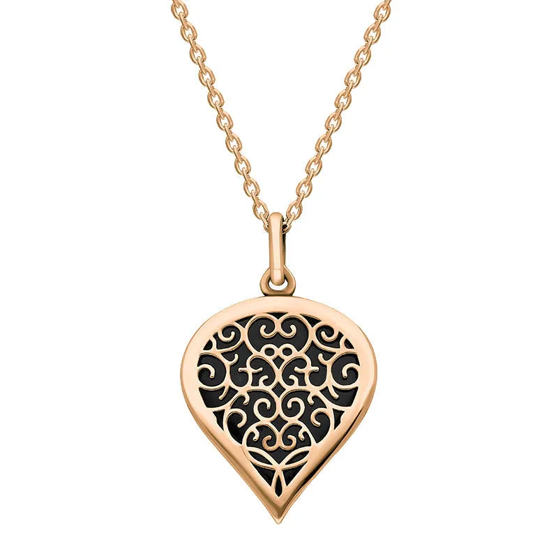 18ct Rose Gold Whitby Jet Flore Filigree Medium Heart Necklace