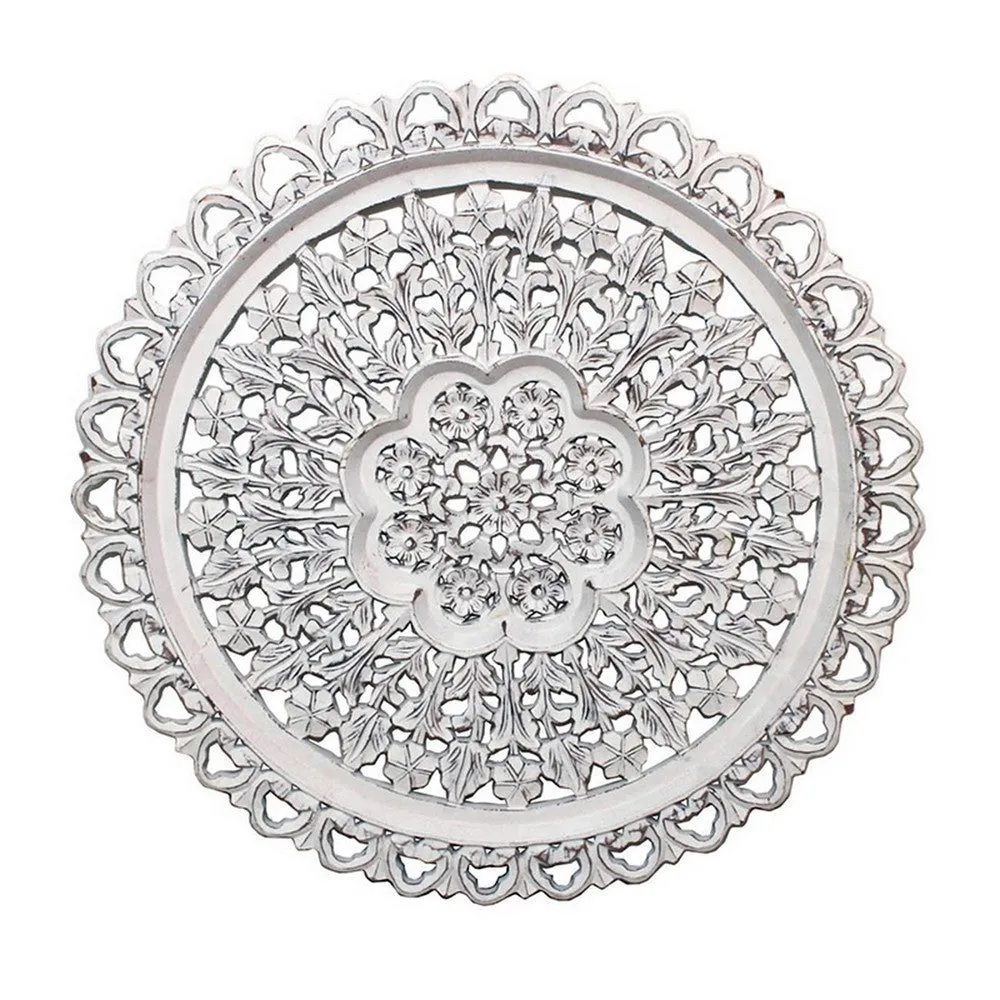 35 Inch Hanging Wall Art Decor, Round, 3D Carved, Rustic White Finish By Casagear Home