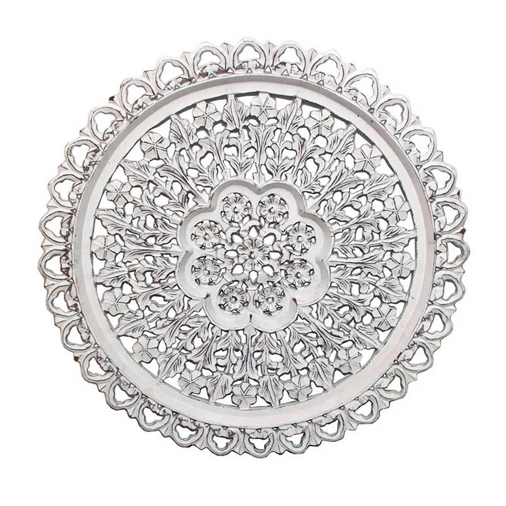35 Inch Hanging Wall Art Decor, Round, 3D Carved, Rustic White Finish By Casagear Home