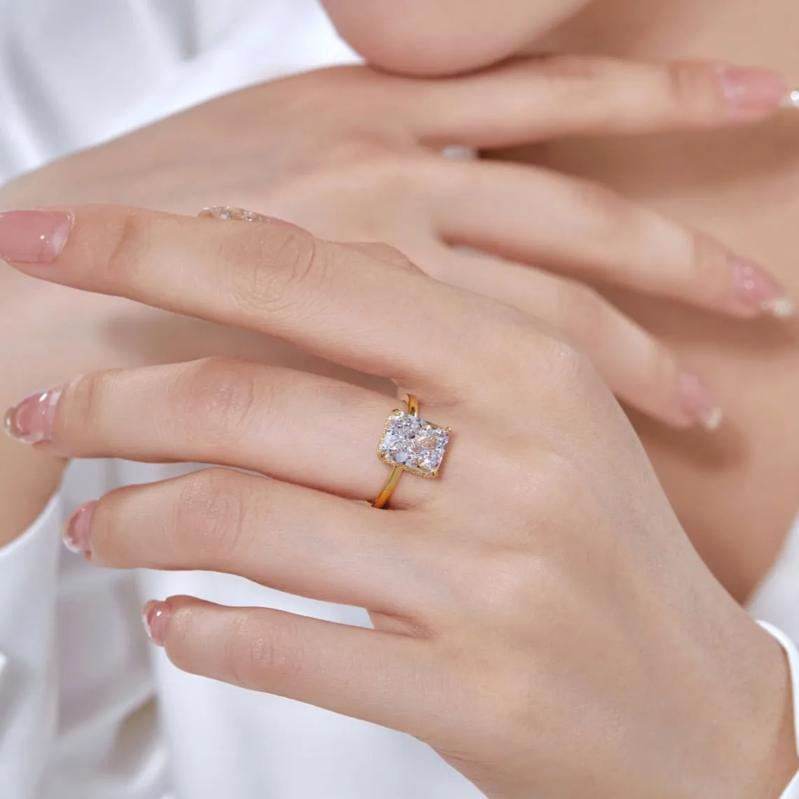 4 Carat Radiant Cut Hidden Halo Engagement Ring - Gold