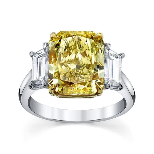 5.39 Carat Yellow Radiant Cut Center Stone 3 Stone Ring
