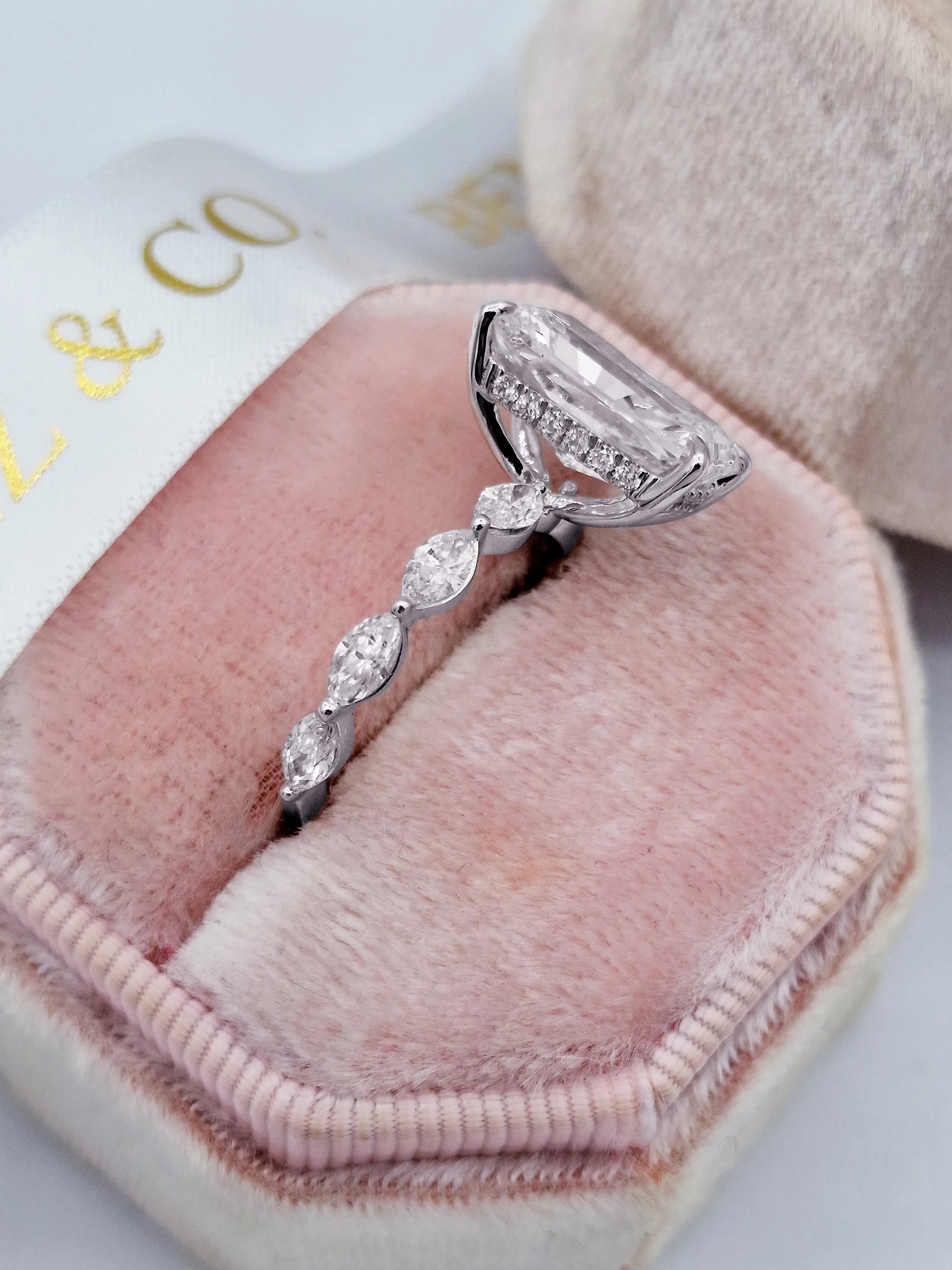 5.73 Carats Lab Grown Radiant Cut with Marquise Side Stones Hidden Halo Diamond Engagement Ring