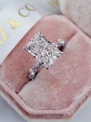 5.73 Carats Lab Grown Radiant Cut with Marquise Side Stones Hidden Halo Diamond Engagement Ring
