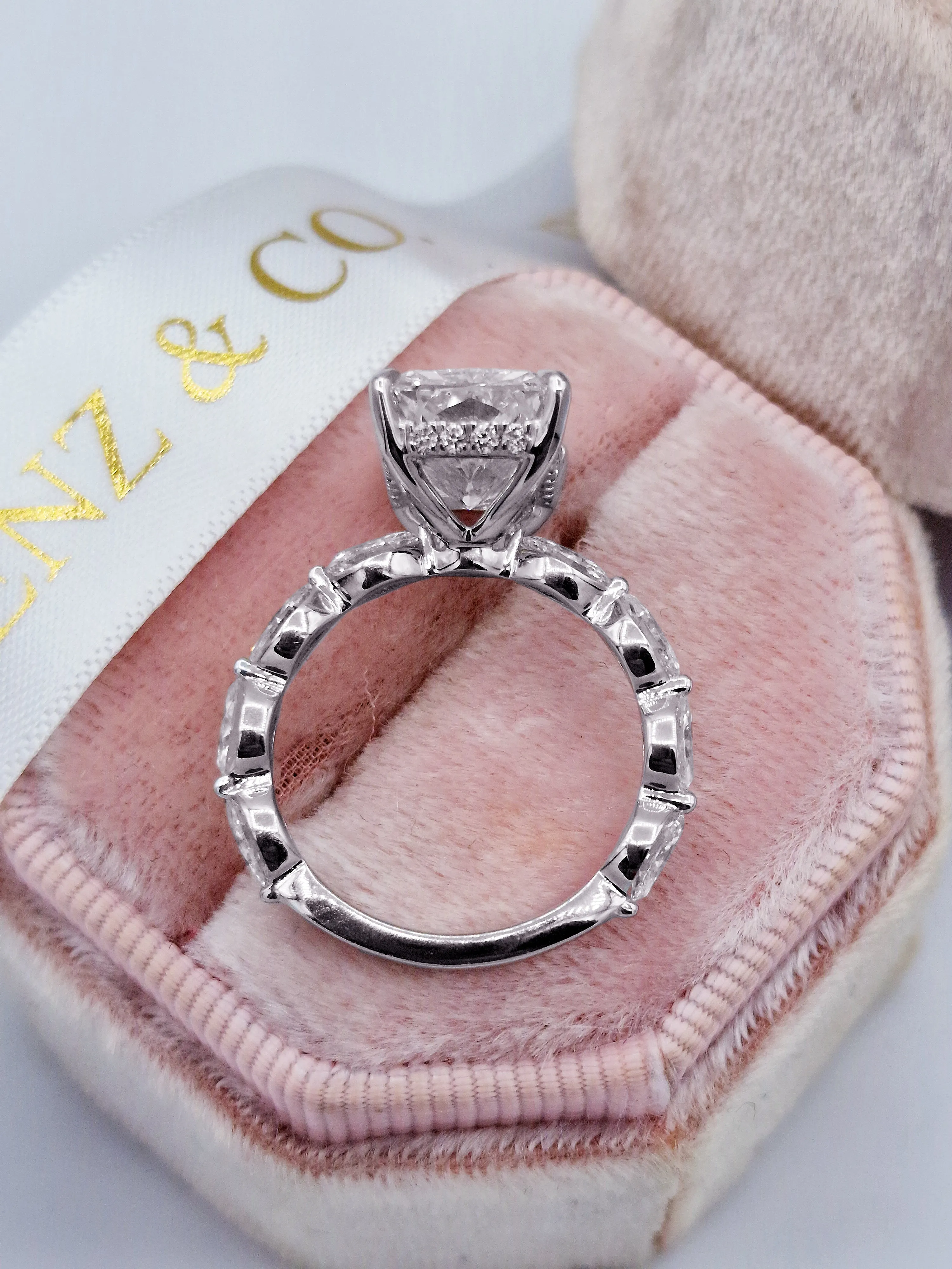 5.73 Carats Lab Grown Radiant Cut with Marquise Side Stones Hidden Halo Diamond Engagement Ring