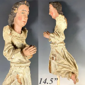 Antique French Carved and Polychromed 14.5" Kneeling Angel, 18th Century Sculpture Fragment