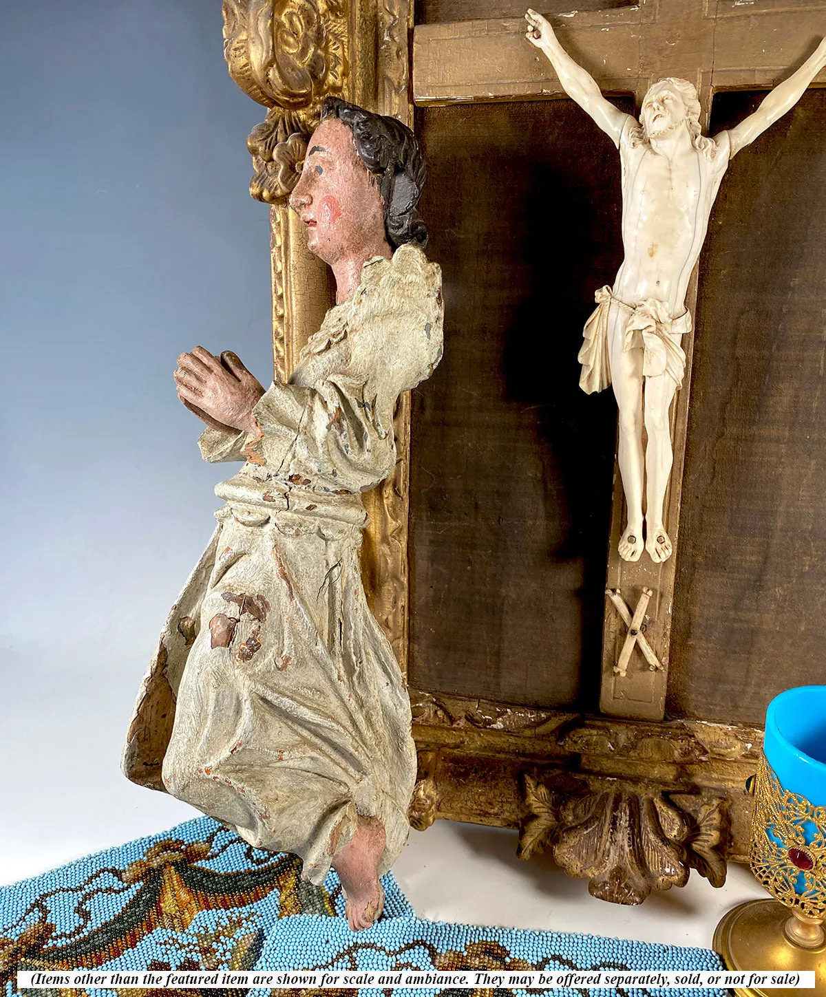 Antique French Carved and Polychromed 14.5" Kneeling Angel, 18th Century Sculpture Fragment