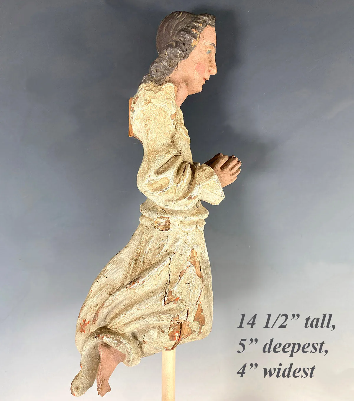 Antique French Carved and Polychromed 14.5" Kneeling Angel, 18th Century Sculpture Fragment