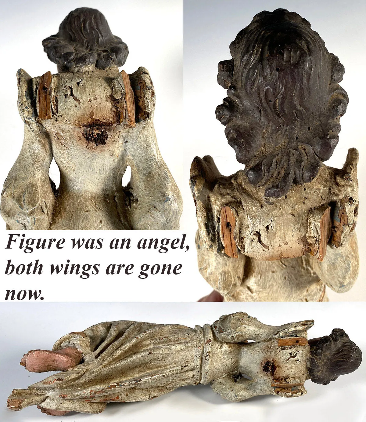 Antique French Carved and Polychromed 14.5" Kneeling Angel, 18th Century Sculpture Fragment