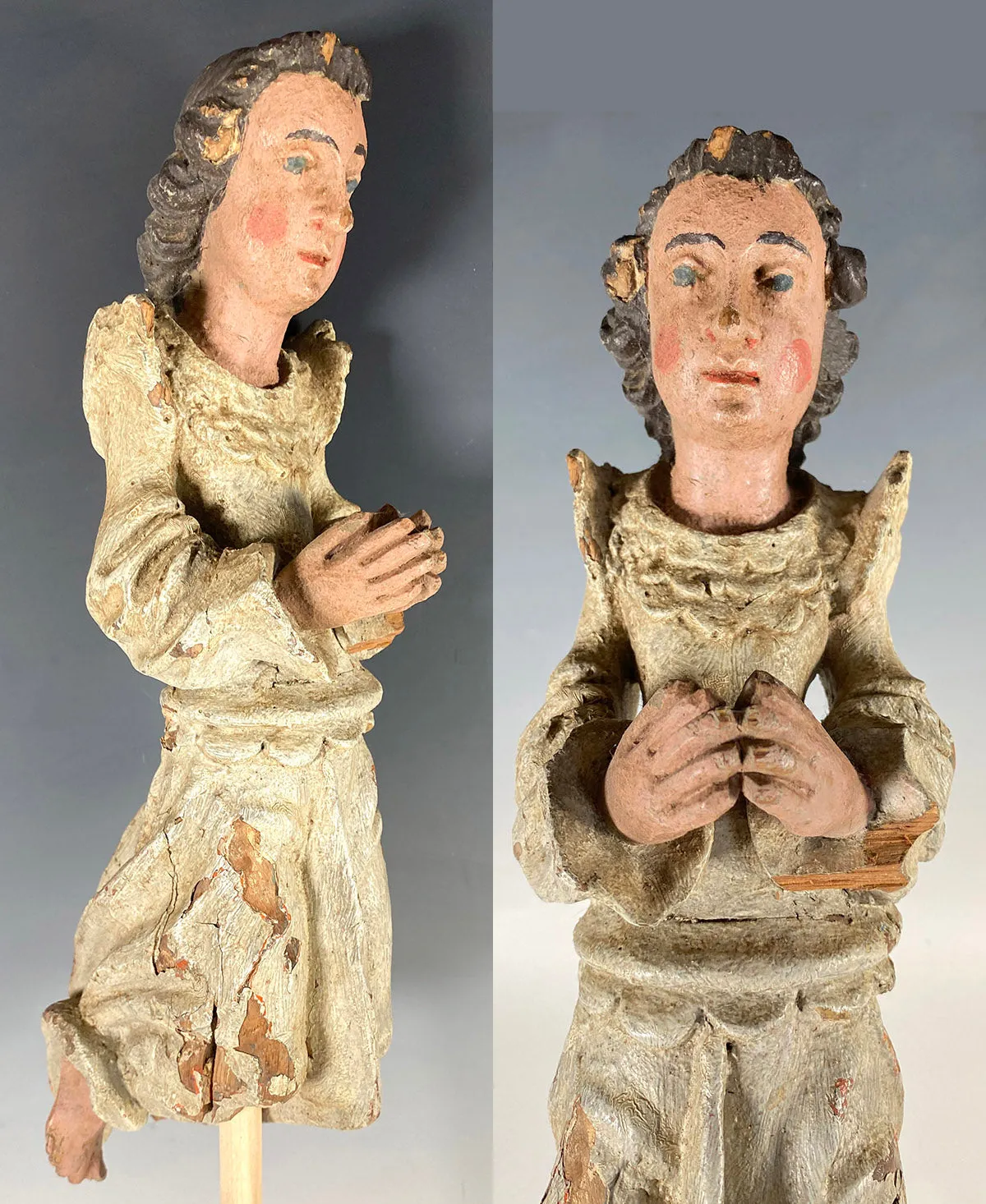 Antique French Carved and Polychromed 14.5" Kneeling Angel, 18th Century Sculpture Fragment
