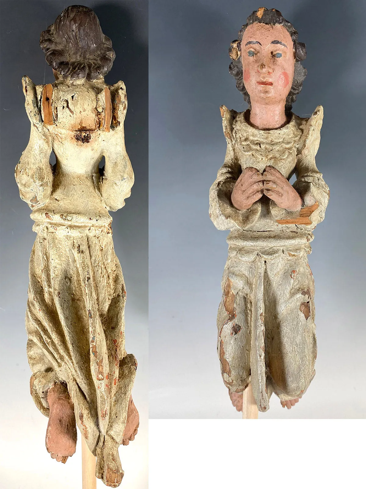 Antique French Carved and Polychromed 14.5" Kneeling Angel, 18th Century Sculpture Fragment