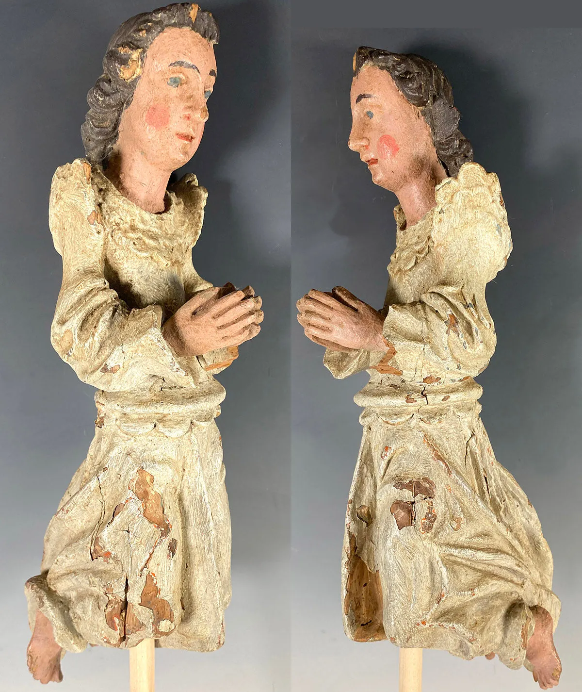 Antique French Carved and Polychromed 14.5" Kneeling Angel, 18th Century Sculpture Fragment