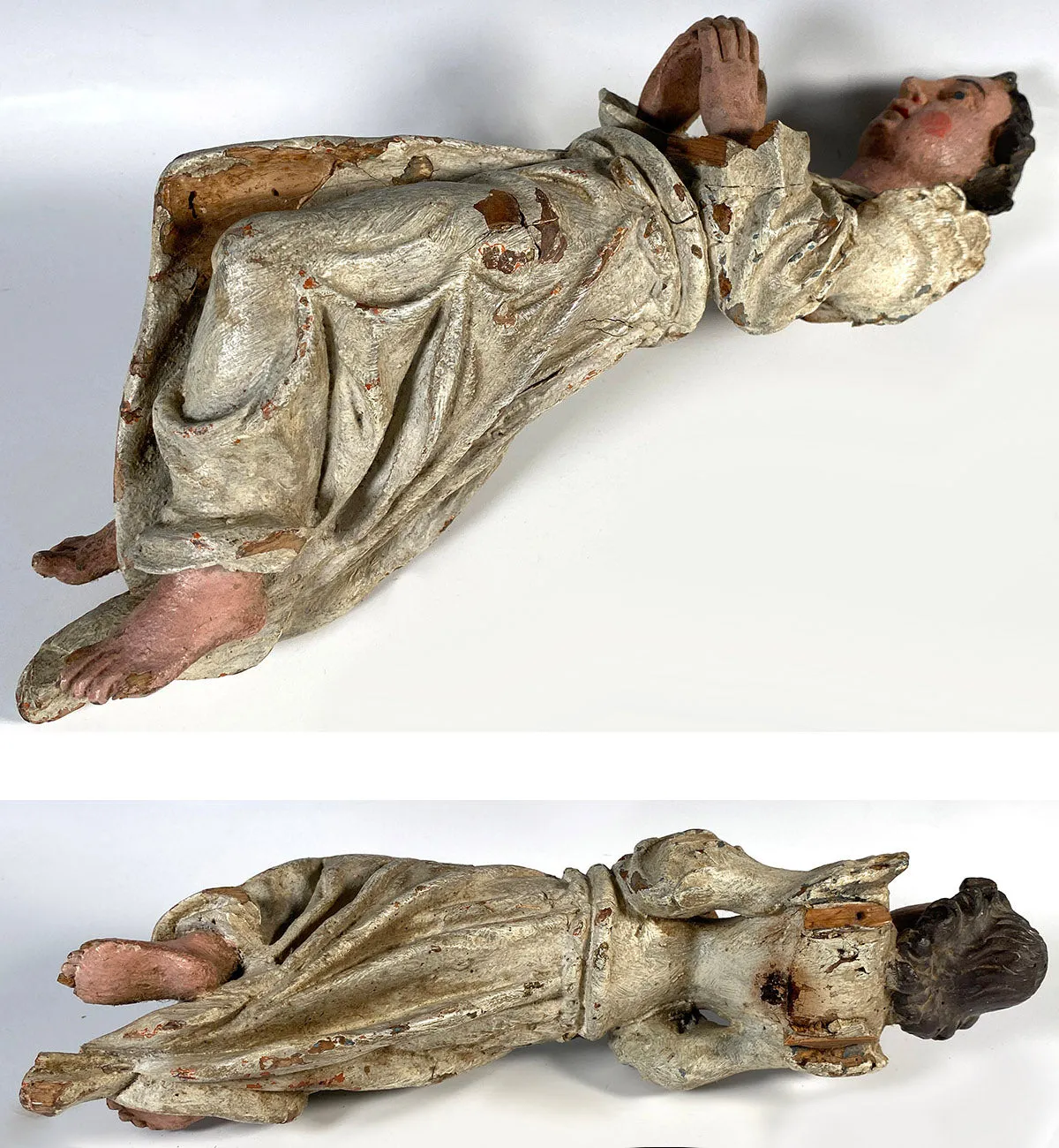 Antique French Carved and Polychromed 14.5" Kneeling Angel, 18th Century Sculpture Fragment