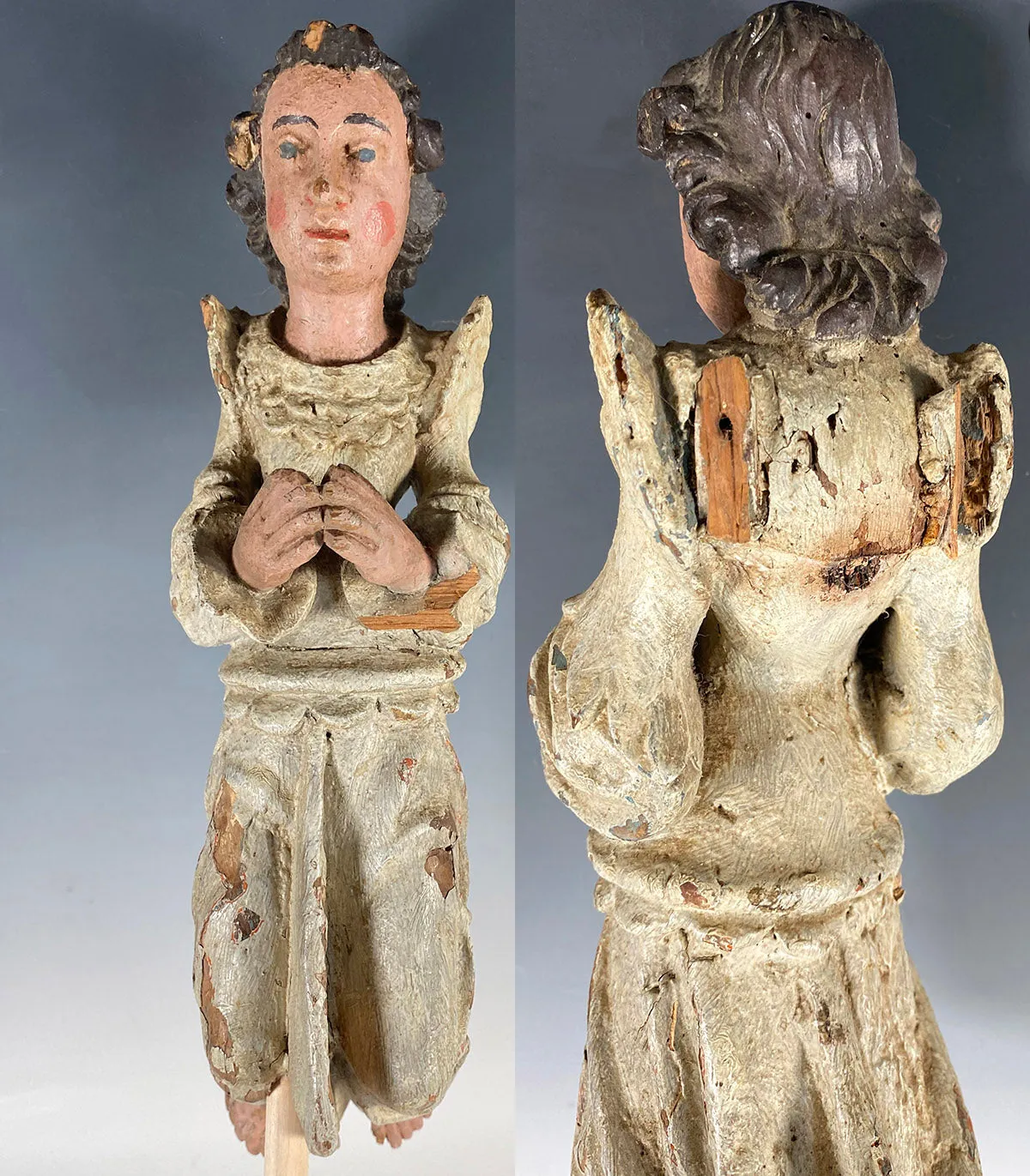 Antique French Carved and Polychromed 14.5" Kneeling Angel, 18th Century Sculpture Fragment