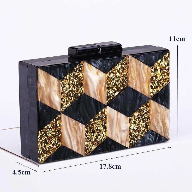 Black-gold Tone Pearlescent Glitter Striped Acrylic Clutch Evening Bag