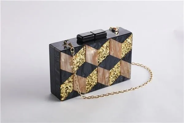 Black-gold Tone Pearlescent Glitter Striped Acrylic Clutch Evening Bag