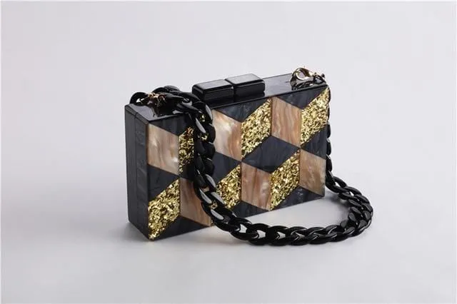 Black-gold Tone Pearlescent Glitter Striped Acrylic Clutch Evening Bag