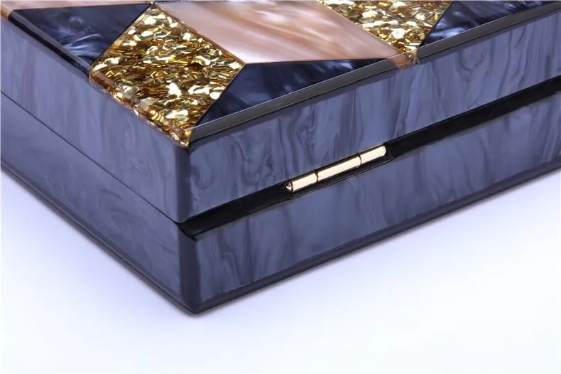 Black-gold Tone Pearlescent Glitter Striped Acrylic Clutch Evening Bag
