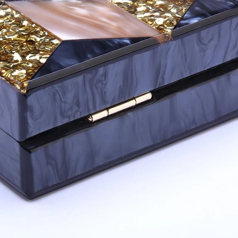 Black-gold Tone Pearlescent Glitter Striped Acrylic Clutch Evening Bag