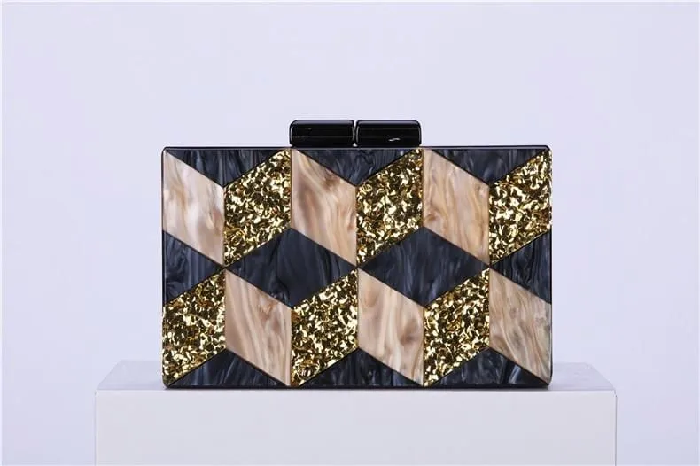 Black-gold Tone Pearlescent Glitter Striped Acrylic Clutch Evening Bag