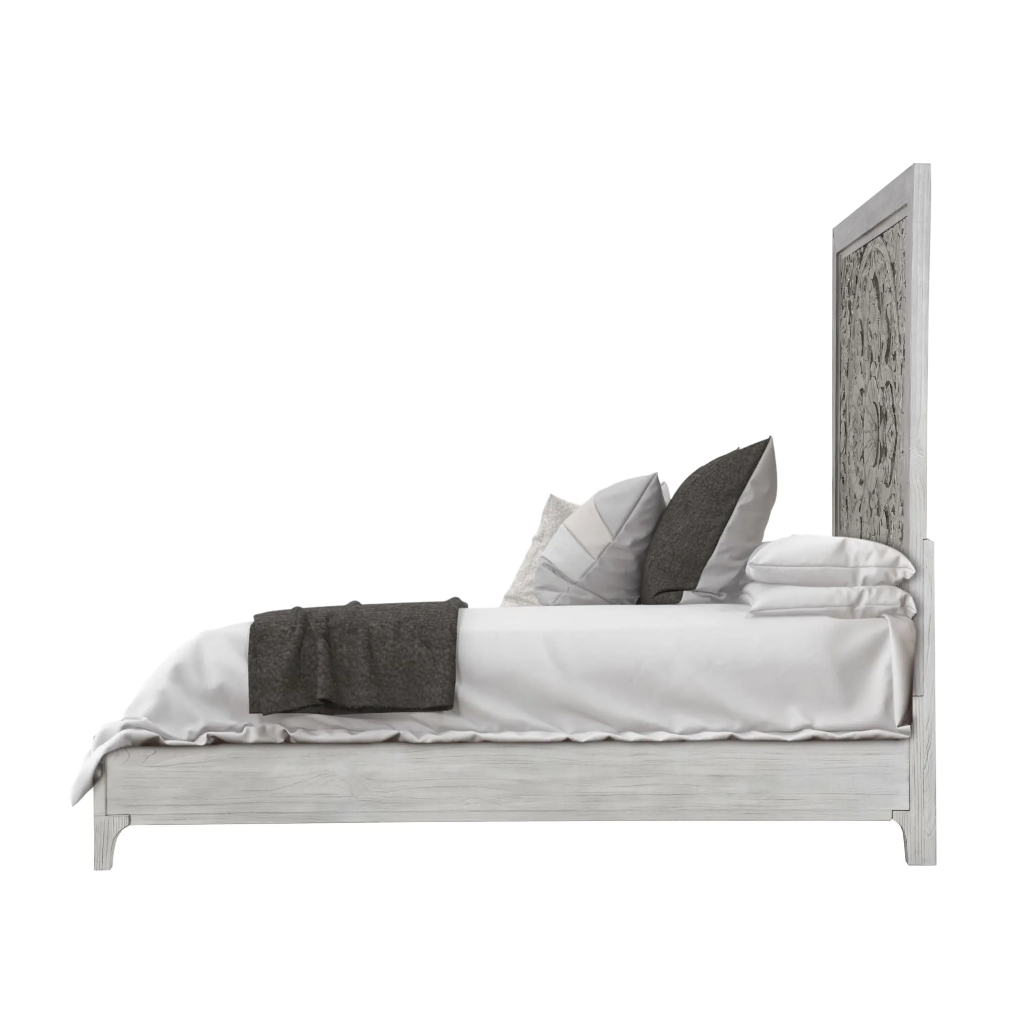 Boho Chic Carved Platform Bed in Washed White