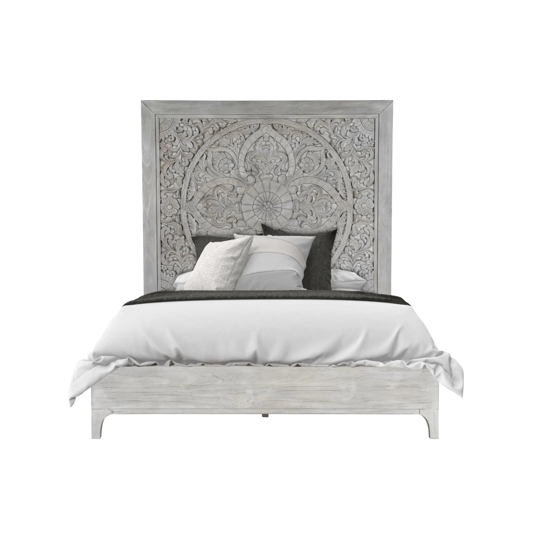 Boho Chic Carved Platform Bed in Washed White