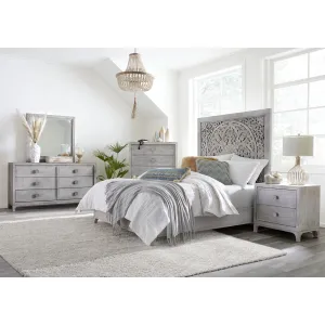 Boho Chic Carved Platform Bed in Washed White