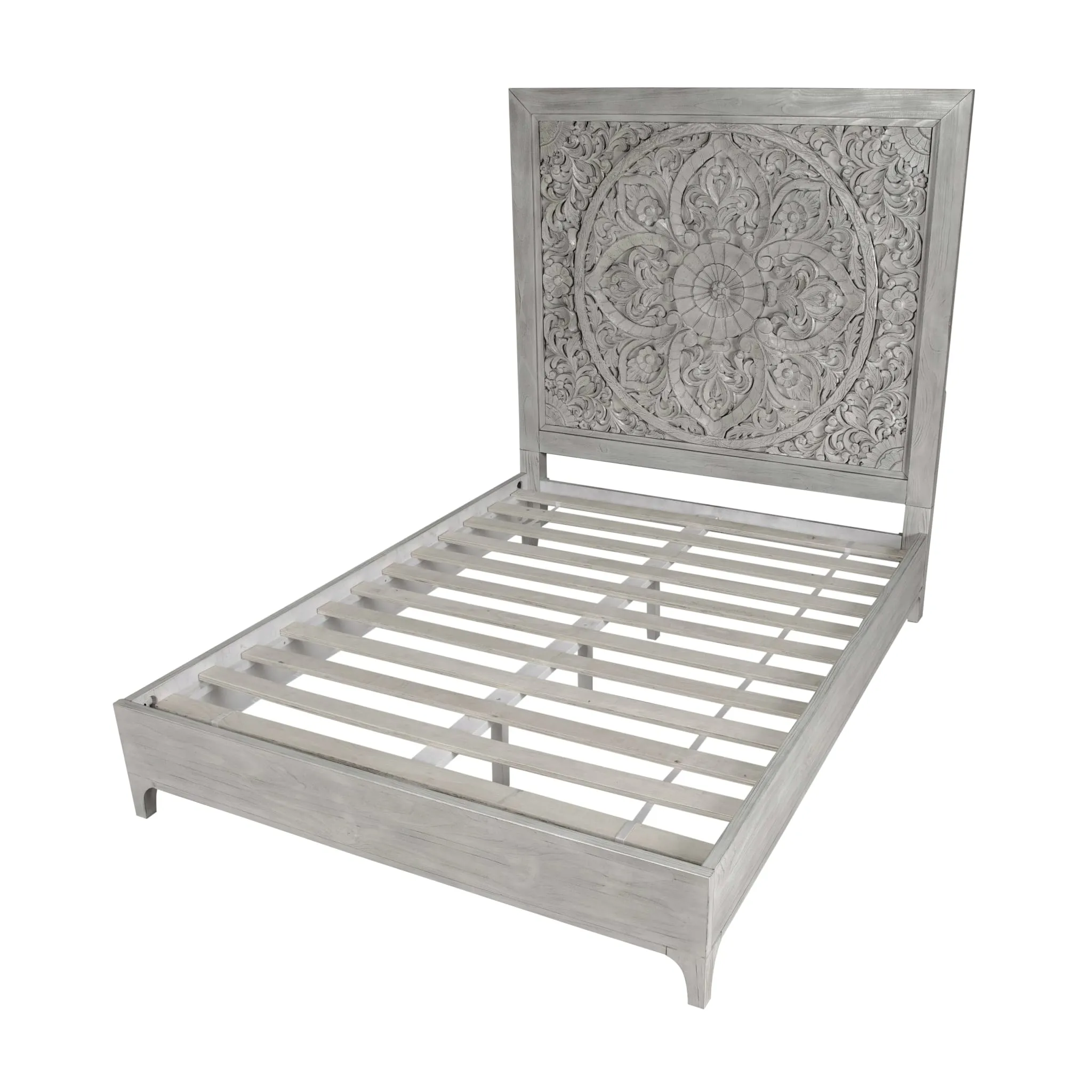 Boho Chic Carved Platform Bed in Washed White