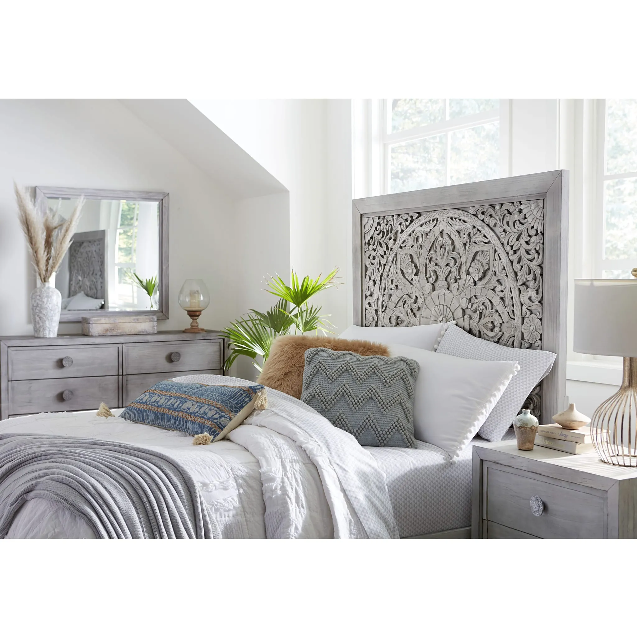 Boho Chic Carved Platform Bed in Washed White