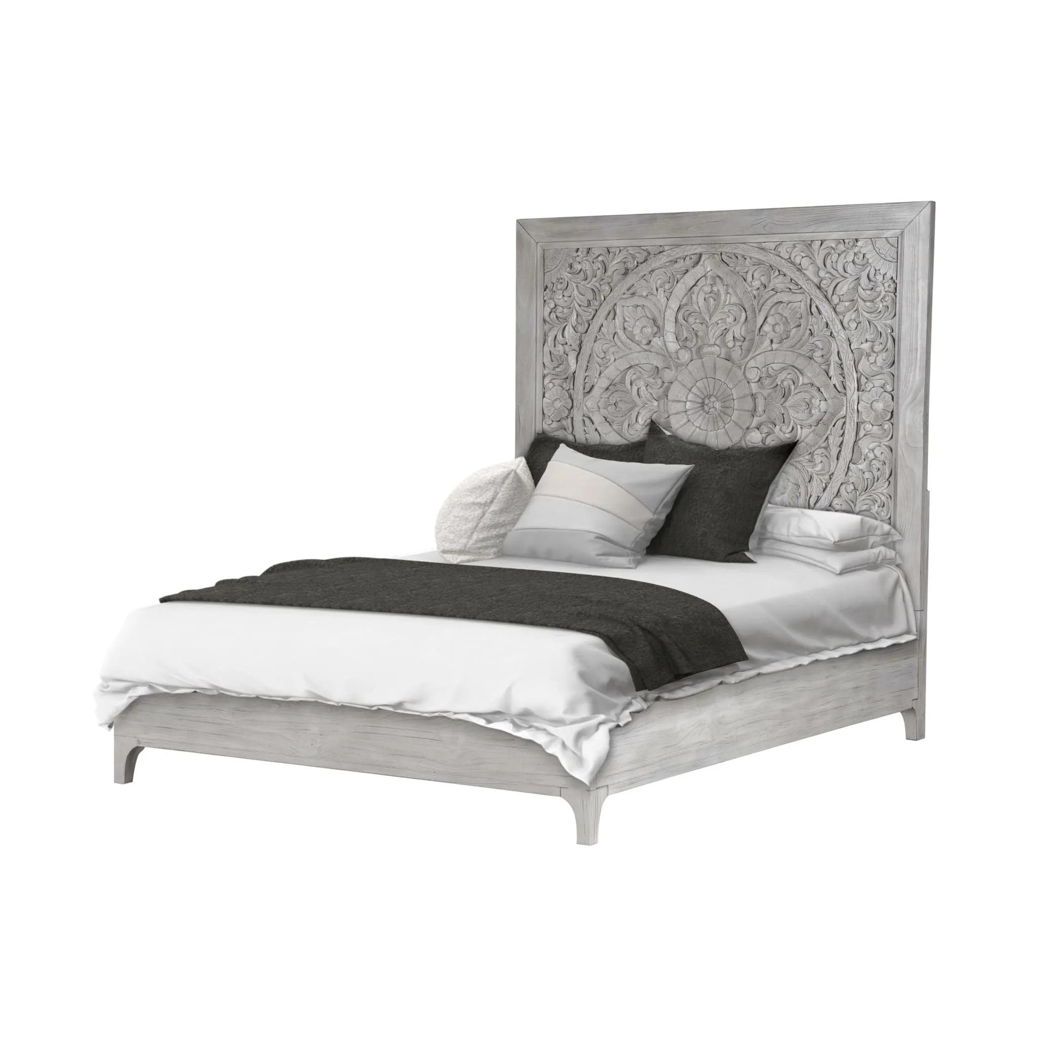 Boho Chic Carved Platform Bed in Washed White