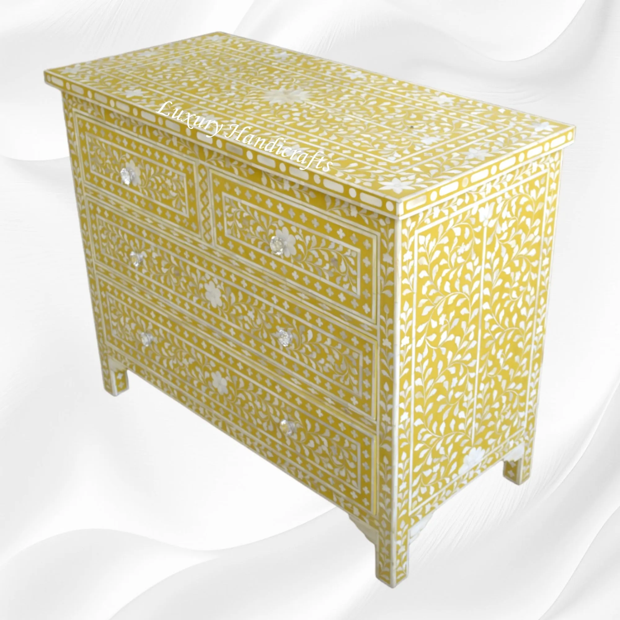 Bone Inlay Floral Chest Of 4 Drawer Yellow