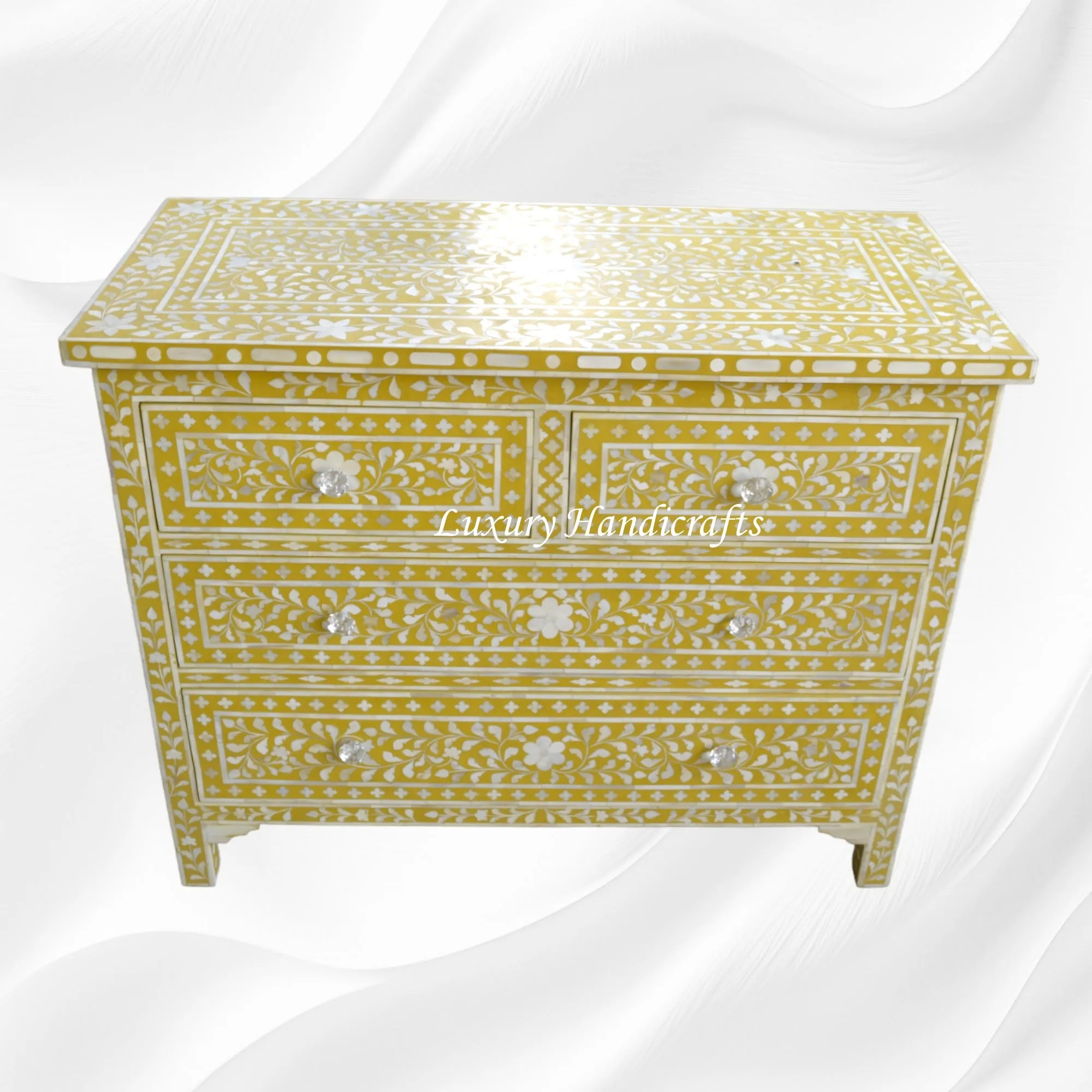 Bone Inlay Floral Chest Of 4 Drawer Yellow