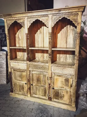 Carved Triple Mehrab Bookshelf with drawers and cabinet.
