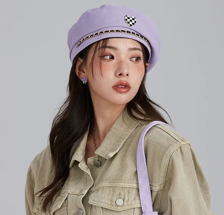 Chessboard Love Heart Shape Beret Hat