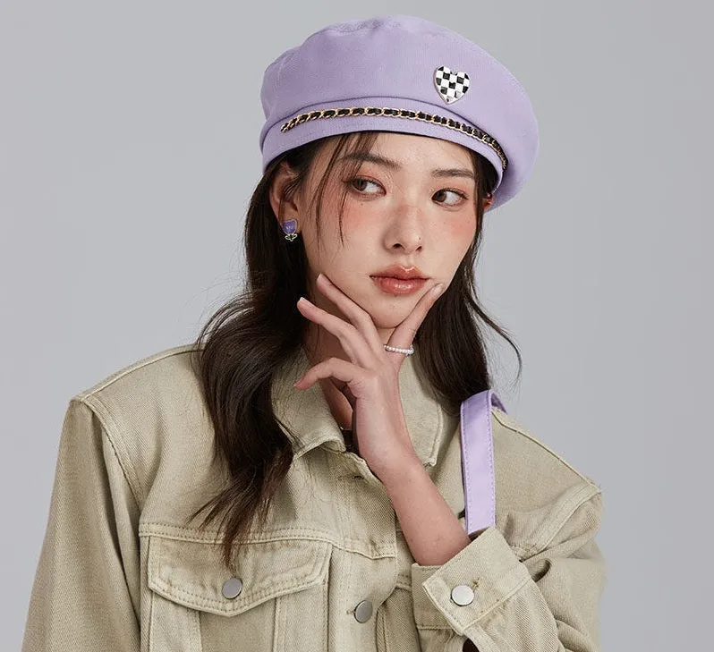 Chessboard Love Heart Shape Beret Hat