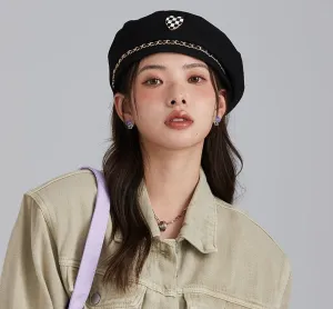 Chessboard Love Heart Shape Beret Hat