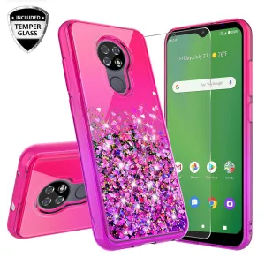 Cricket Ovation/AT&T Radiant Max Case Liquid Glitter Phone Case Waterfall Floating Quicksand Bling Sparkle Cute Protective Girls Women Cover for Cricket Ovation/AT&T Radiant Max w/ Tempered Glass - (Hot Pink/Purple Gradient)
