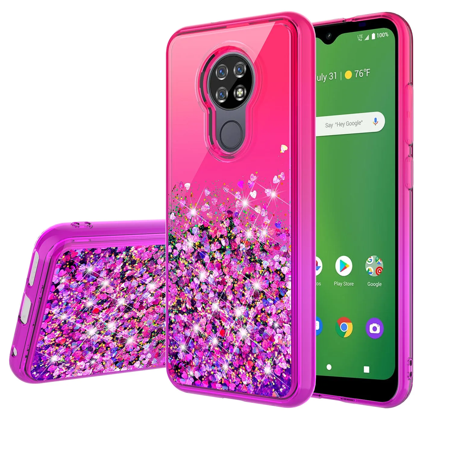 Cricket Ovation/AT&T Radiant Max Case Liquid Glitter Phone Case Waterfall Floating Quicksand Bling Sparkle Cute Protective Girls Women Cover for Cricket Ovation/AT&T Radiant Max w/ Tempered Glass - (Hot Pink/Purple Gradient)