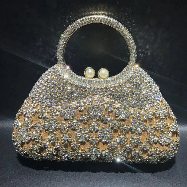 Dazzling Rhinestone Hollow Out Crystal Pearl Beaded Top Handle Clutch