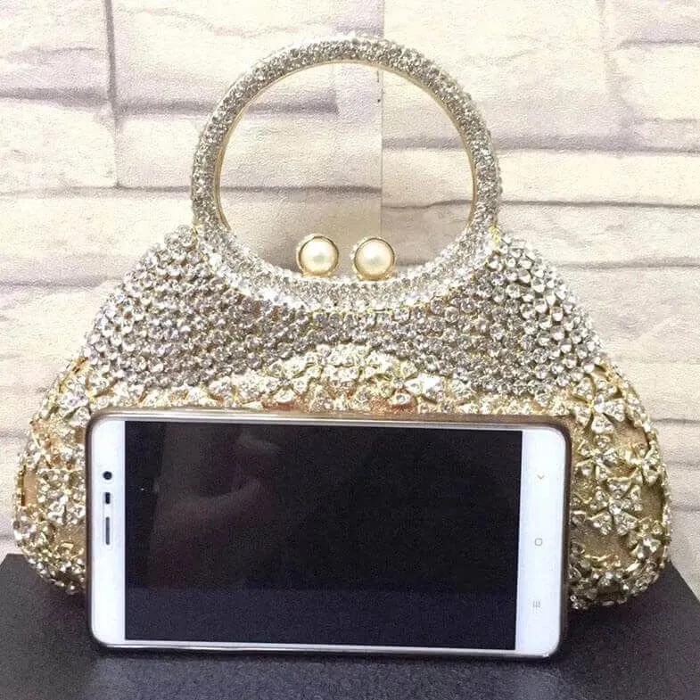 Dazzling Rhinestone Hollow Out Crystal Pearl Beaded Top Handle Clutch