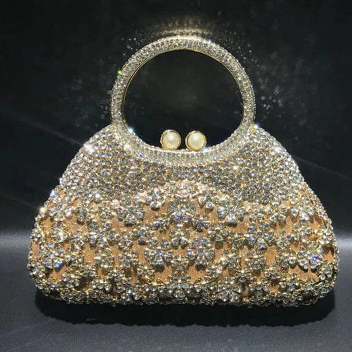 Dazzling Rhinestone Hollow Out Crystal Pearl Beaded Top Handle Clutch