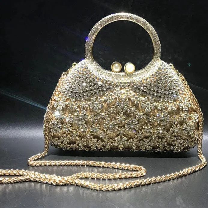 Dazzling Rhinestone Hollow Out Crystal Pearl Beaded Top Handle Clutch
