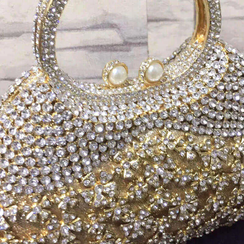 Dazzling Rhinestone Hollow Out Crystal Pearl Beaded Top Handle Clutch