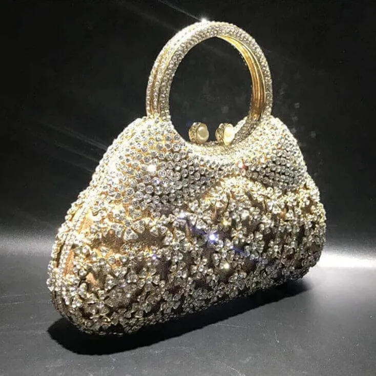 Dazzling Rhinestone Hollow Out Crystal Pearl Beaded Top Handle Clutch