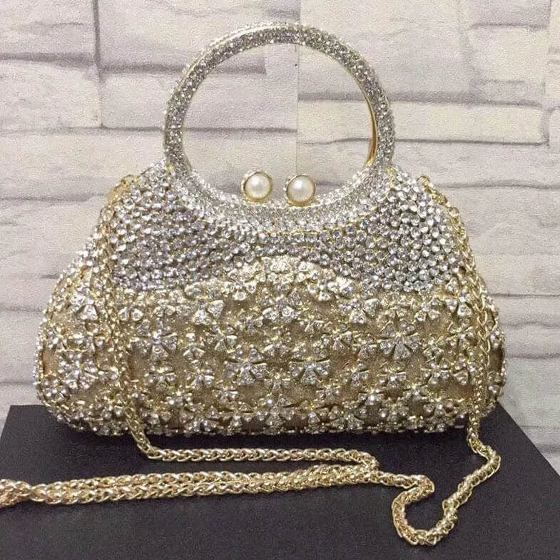 Dazzling Rhinestone Hollow Out Crystal Pearl Beaded Top Handle Clutch