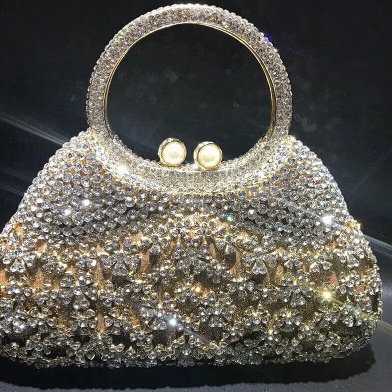 Dazzling Rhinestone Hollow Out Crystal Pearl Beaded Top Handle Clutch