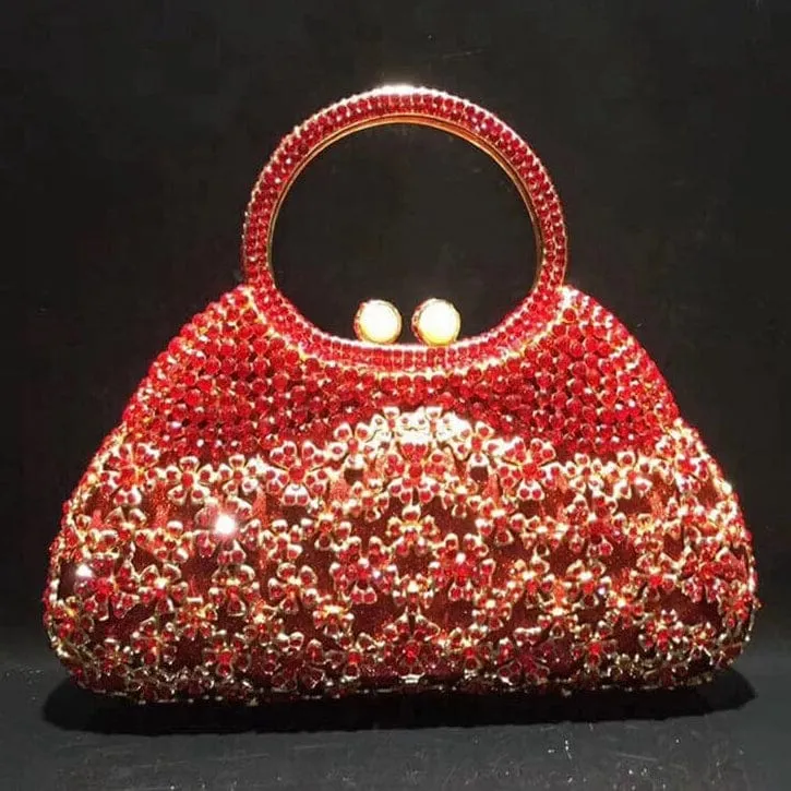 Dazzling Rhinestone Hollow Out Crystal Pearl Beaded Top Handle Clutch