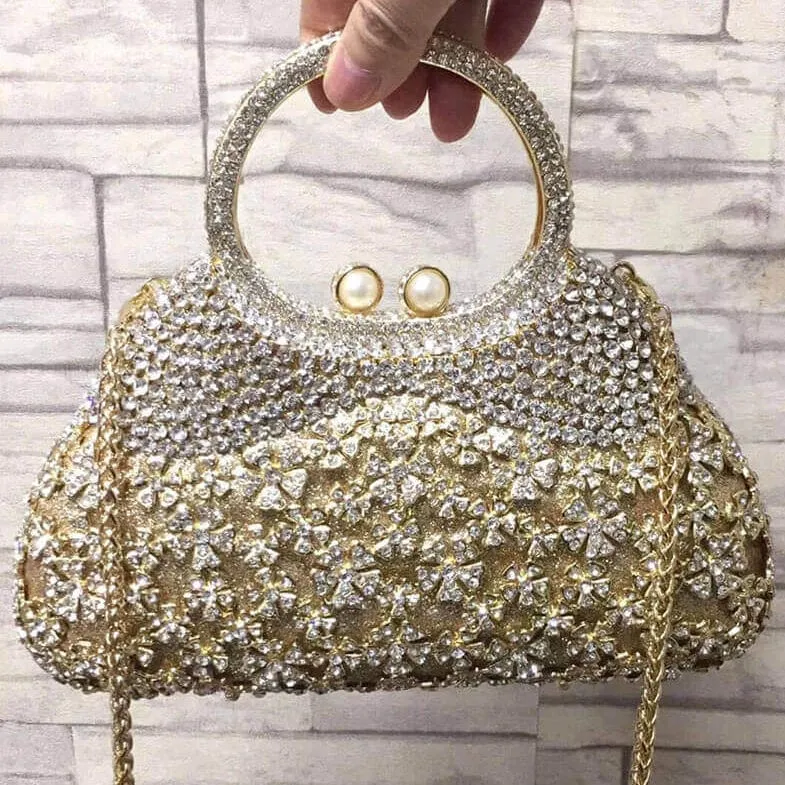 Dazzling Rhinestone Hollow Out Crystal Pearl Beaded Top Handle Clutch